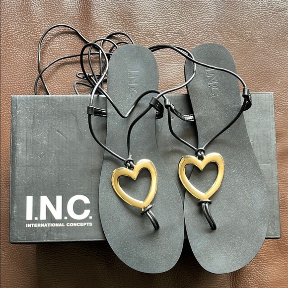 INC International Concepts Shoes - INC Black Sandals with Gold Heart Detail